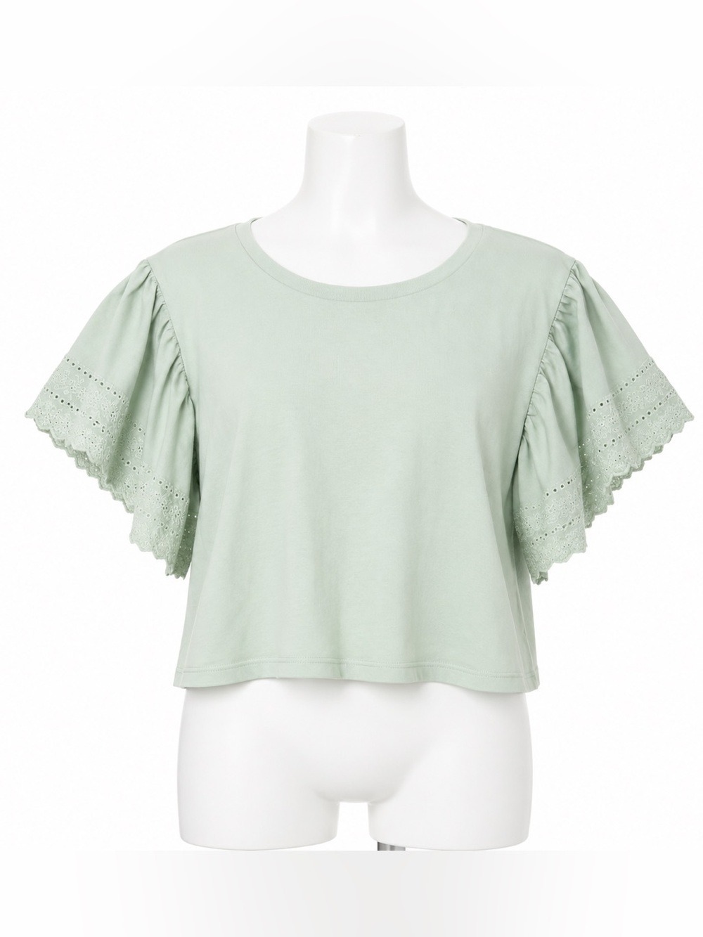 ZARA Eyelet Ruffle Sleeve Top Mint Green Medium Cotton Blend